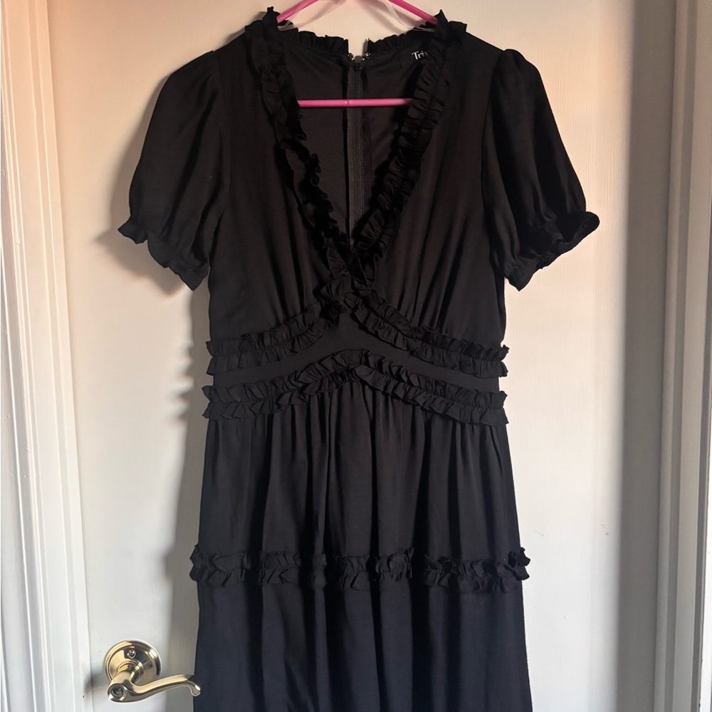 Trixxi Black Babydoll Mini Dress with Puff Sleeves and V-Neck
